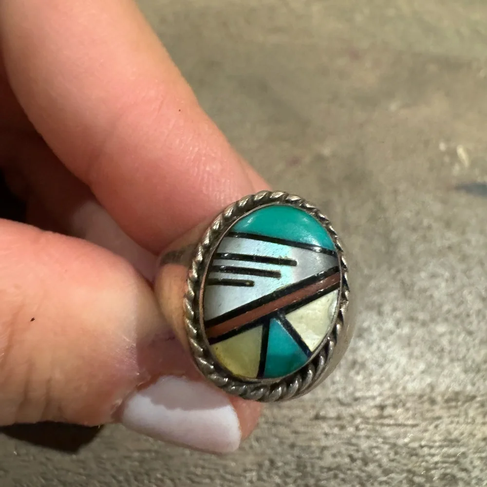 Multi Stone Zuni Inlay Sterling Size 11 RIng 7.4g